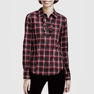 Talbots Tartan Plaid Ruffle Top Shirt Black Red Stretch 16 Business Holiday